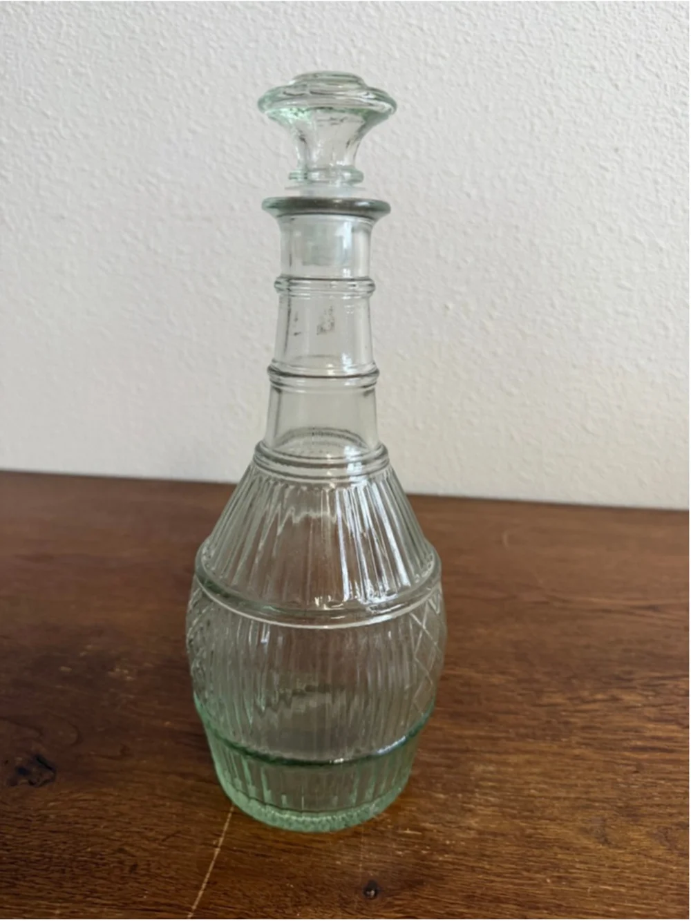 Vintage Clear Glass Decanter Bottle W/ Stopper Ribbed Pressed Glass Barware Cara
